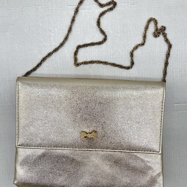 Vintage HL USA Shimmery Gold Evening Envelope Clutch Handbag Purse with Metal Chain Strap and Gold Bow Charm 