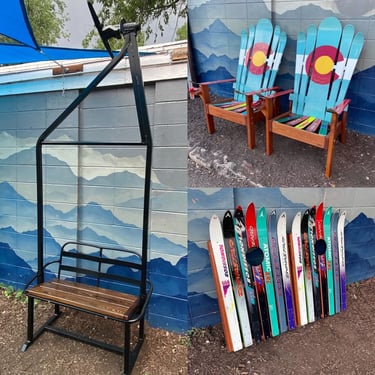 Set of 4 - Special Ski Resort Package - 2 Hybrid Ski Chairs, Cornhole Board set, Ski lift bench (lots of options) Indoor/Outdoor Set 
