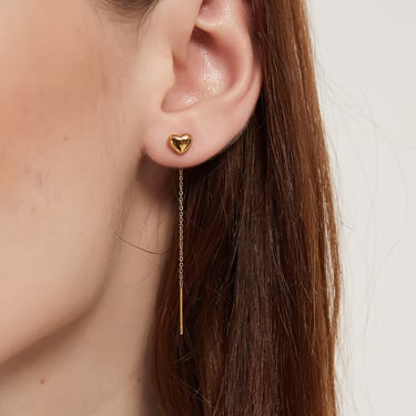 Daisy gold heart threader earrings, heart threader, heart earrings, heart dangle earrings, puffed heart earrings, threader earrings, love 