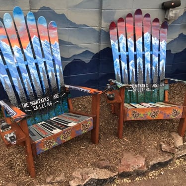 Set of Patio Chairs 2 - The Mountains are Calling Hand Painted Mural Adirondack Ski Chairs, ski chairs, mountains, patio chairs, hand paint 