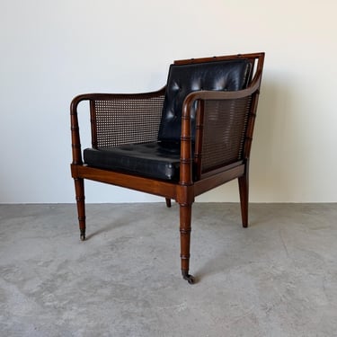 1970s Hickory Chair Regency Style Faux Bamboo Caned Lounge Armchair on Brass Casters 