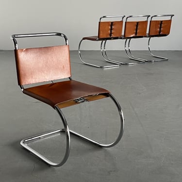 Set of 4 Early Original Mies van der Rohe ‘MR10’ Chairs by Bononia in Cognac Leather and Chromed Tubular Steel, Pre-1968 
