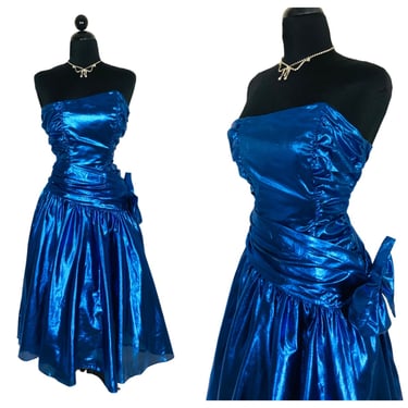 Vintage 1980's Blue Metallic Lamé Asymmetrical Fit and Flare Prom Party Holiday Dress by Zum Zum - size Small XS 