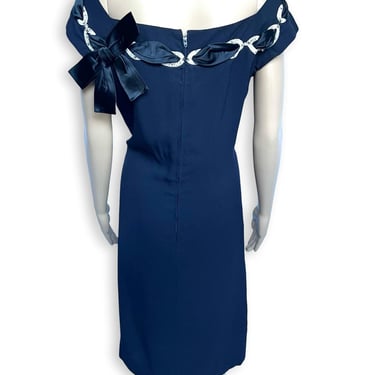 Vintage Early 1960's Navy Blue Wool Gabardine Shift Dress w/ Rhinestone & White Beaded Black Satin Woven Neckline - size Medium Large 