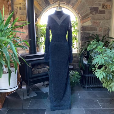 Vintage 1970s Wenjilli Metallic Blue and Black Slinky Maxi Dress, Vintage Black Sparkling Blue Evening Dress, Seventies Sexy Party Dress 
