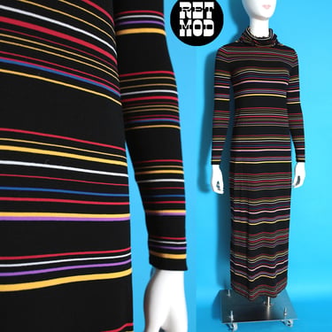 Fabulously Chic Vintage 70s Black Colorful Stripe Exaggerated Turtleneck Anne Klein Long Stretch Dress 