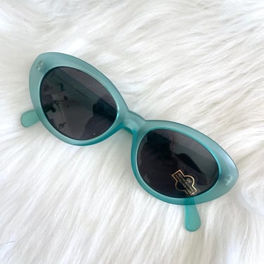 Vintage 90s Retro Translucent Teal Cat Eye Sunglasses 