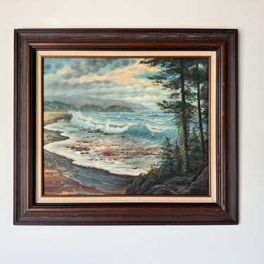1970s Vintage Coastal Landscape Oil on Canvas Painting by J. Nelson 