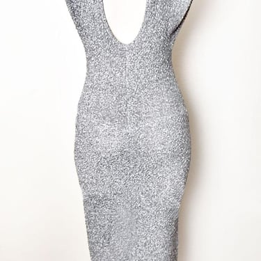 80's Metallic Silver Lurex Stretchy Tight Bodycon Wiggle Dress, Vintage 1980's Evening Party Prom Dress, Shoulder Pads, Glam Medium, Small 