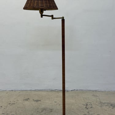 Mid-Century Brass and Rattan Wrapped Floor Lamp With Wicker Shade, 1960s
