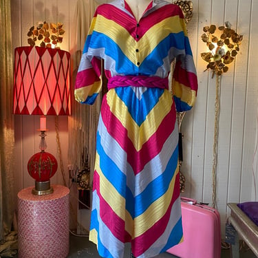 1980s rainbow chevron blouson dress, puff sleeves, 80s fashion, striped satin, m 