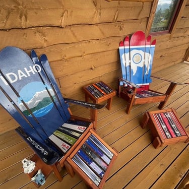 Set of 2 - Hand Painted Idaho and Wyoming themed hybrid Adirondack Ski & Snowboard chairs hand outdoor set 