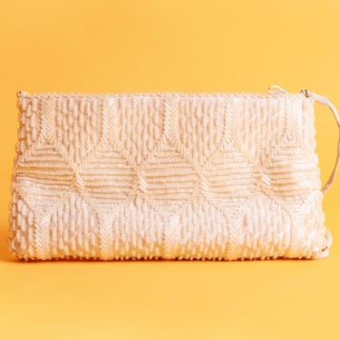 80s White Beaded Geometric Strappy Bag Vintage Bridal Evening Elegant Clutch Purse 