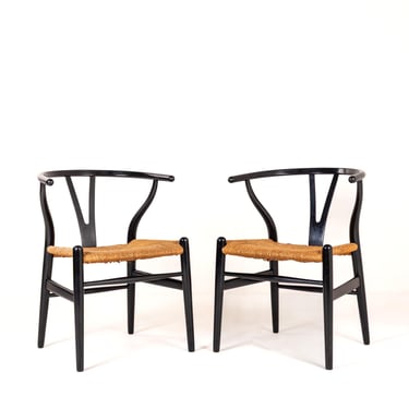 Set of 2 Hans Wegner CH24 Wishbone Chairs, Danish Mid-Century Modern, Black Beech with Natural Paper Cord Seats 