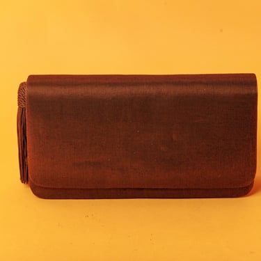 80s Brown Lame Fabric Folded Clutch Vintage 1980s Fringe Rectangular Braided Strap Evening Purse 