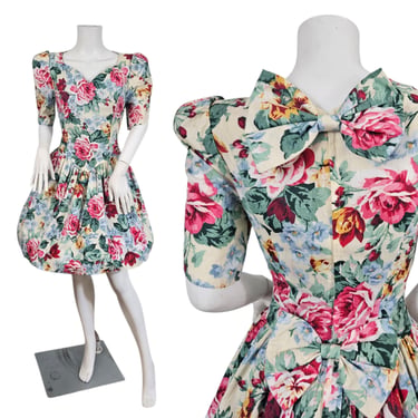 1980s Jessica McClintock Pastel Floral Print Puff Sleeve Cottagcore Dress I Sz Sm 