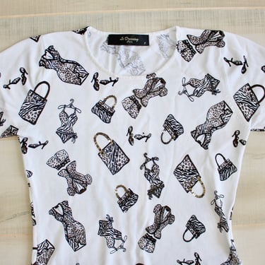 Vintage Novelty Print Top, Short Sleeve Sweater, White Silk, Girly Paris, Shoe, Purse, Dress Print 