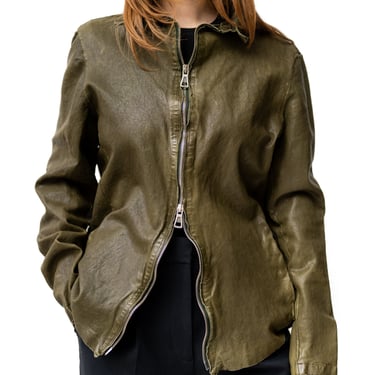 Military Green Fitted Leather Jacket with Whip Stitch Details