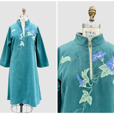 WHITE DUCK FLOWER Applique 80s Tunic Dress | 1980s Hippie Boho | Handmade in Berkeley | Asian Cheongsam Inspired | Size Med. to Lg. 