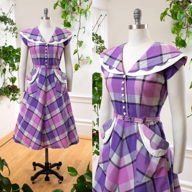 Vintage 1940s 1950s Shirt Dress | 40s 50s Plaid Cotton Purple Pink Shirtwaist with Cute Pockets | small 