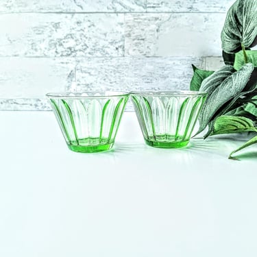 2 Vintage Hazel Atlas Uranium Glass Dessert Sherbet Fruit Custard Cups/ 1930s Vaseline Depression Glass/ French Country Cottage Core 