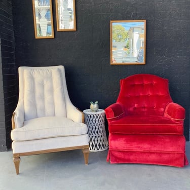 Cream Tufted High Back Arm Chair With Wood Accents