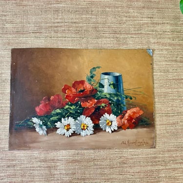 Antique Oil Painting on Tin - Red Poppies Daisies Still Life by Ad. H. van Emelen, 13
