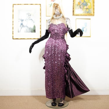 Vintage 1980s Gunne Sax by Jessica McClintock Purple Sequin Strapless Gown Dress Off The Shoulder Size S UK Size 8 