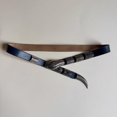 1980s french made dark grey leather & metal snake belt / small 