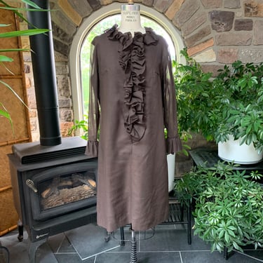 Vintage 1960s 1970s Brown Ruffle Collar Front and Sleeves Dress, Vintage Sixties Shirt Dress 