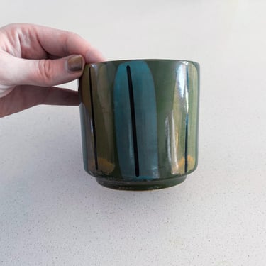 60s/70s Mod Mid-Century Green Yellow and Blue Patterned Ceramic Planter Pot with Drain 