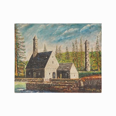 1967 T. Whyte Oil Painting on Canvas Panel Mid Century Vintage St. Kevin's Church Ireland 