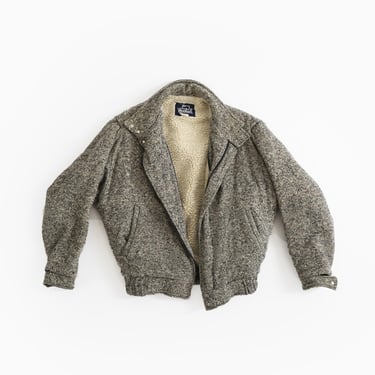 Vintage 80s Woolrich charcoal gray + white tweed wool faux sherpa bomber jacket 