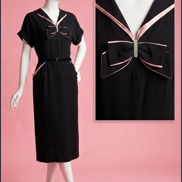 Vintage 1940s Black Rayon Cocktail Dress With Pink Satin Accents Size M 