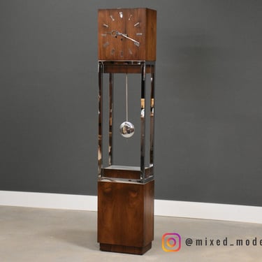 Modern Rosewood and Chrome Grandfather Clock 