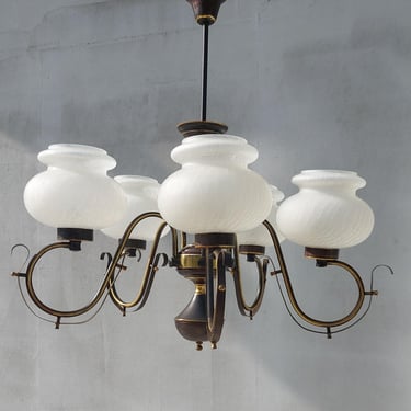 Vintage 5 Arm Brass Chandelier, Mid Century Opaline Glass Ceiling Light, Retro Dining Room or Living Room, Farmhouse Lighting Fixture 
