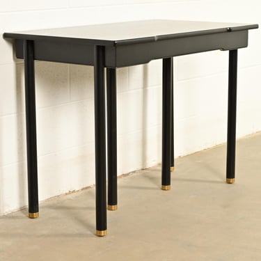 John Widdicomb Mid-Century Modern Hollywood Regency Black Lacquer and Brass Console Table, Newly Refinished