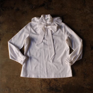 Ruffle Neck Blouse / Vintage White Shirt / Women's 1970's Sleeve Medium Top 