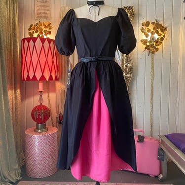 vintage 1980s black peplum party dress, 80s fashion, puff sleeves, magenta satin 