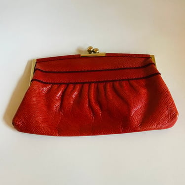 Vintage leather rust color faux snake gold hardware purse clutch 