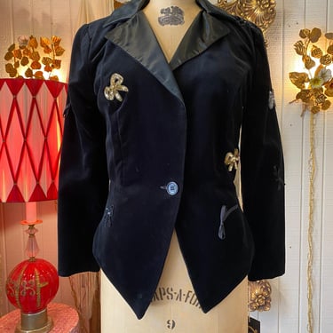 vintage 1980s black velvet jacket, 80s fitted blazer, sequin bows, holiday style 