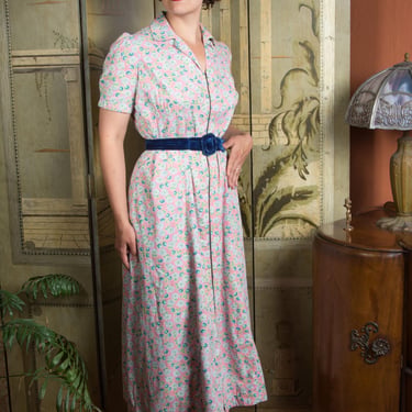 Sweet Vintage 1930s Cotton Dressing Gown Zip Front 40s Robe in Pink Floral Volup XL 