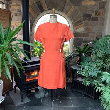 Vintage 1970s Orange Silk Dress Black and Ivory Piping Decorative Buttons 