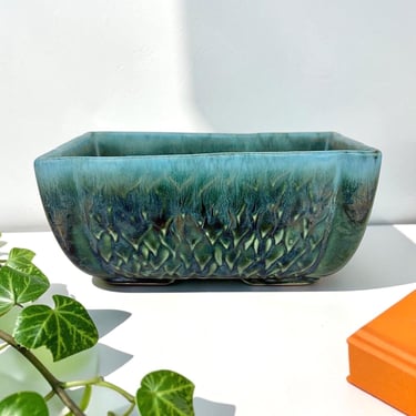 Vintage Hull Pottery Drip Glaze Planter 1960s Retro Mid-Century Modern + Porcelain + Turquoise and Green + Rectangular Shape + Marked USA 76 