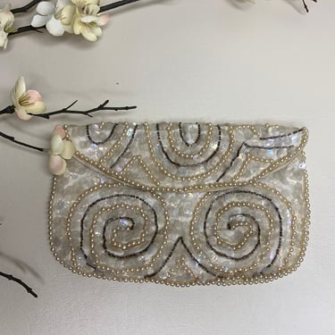 Vintage 1970s Wedding Bridal Purse, Vintage Pearls Silver Beads Sequins Clutch Bag, Vintage Formal Beaded Clutch Purse 