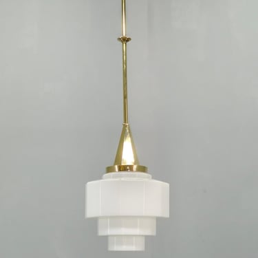 Art Deco Pendant Lamp Brass Opaline Glass Geometric Light Czechoslovakia 1930s 