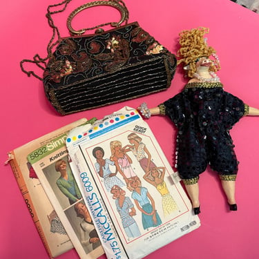 Vintage Fashion Gift Bundle – Handmade Rare Wayne Kleski Doll, Beaded Clutch, & Sewing Patterns | Unique 90s Retro Gift Set 