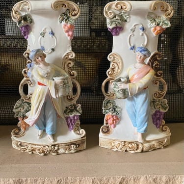 1950s German Figurines Spill Vases~Mantle vase set~ porcelain bisque from Germany marked, numbered~ Victorian planters, book mantle decor~ 