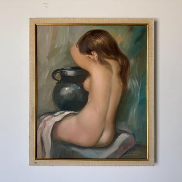 1970s Vintage Nude Woman with Jar Oil on Canvas Painting by Kelvin – Unframed 