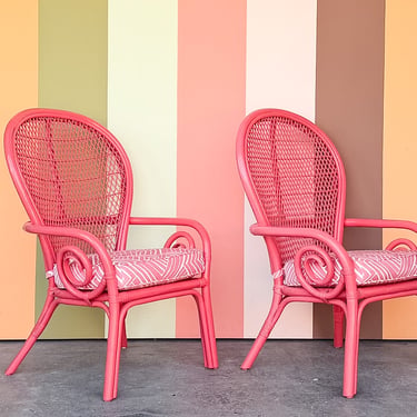 Pair of Hot Pink Whimsical Rattan Chairs